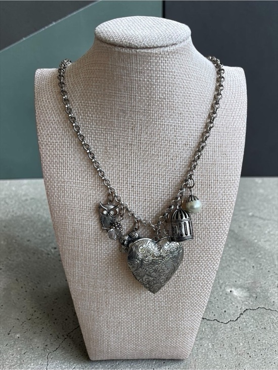 Napier Jewelry - Vintage Napier Heart Locket Owl Birdcage Charm Necklace